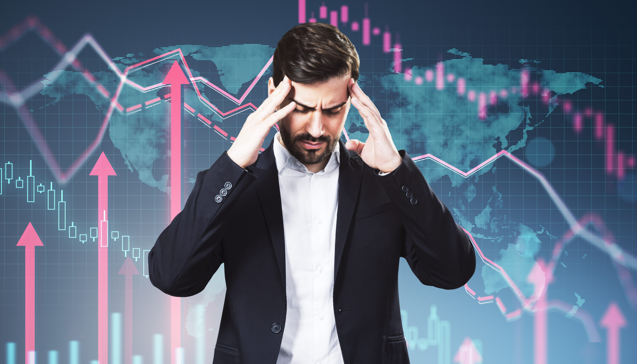 Portrait Of Stressed Young Man With Business Chart And Growing Red Arrows On Blurry Background. Financial Growth, Trade And Market Concept. Double Exposure. - Contabilidade em Santa Catarina | Amaral Contabilidade