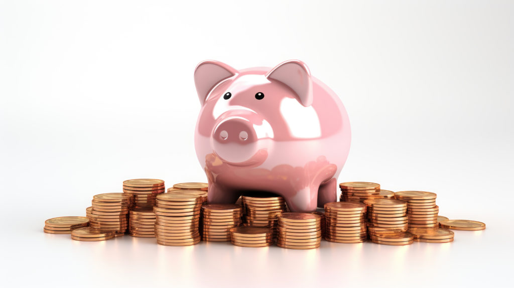 A Piggy Bank Stands On Stacked Coins Against A White Backdrop. - Contabilidade em Santa Catarina | Amaral Contabilidade